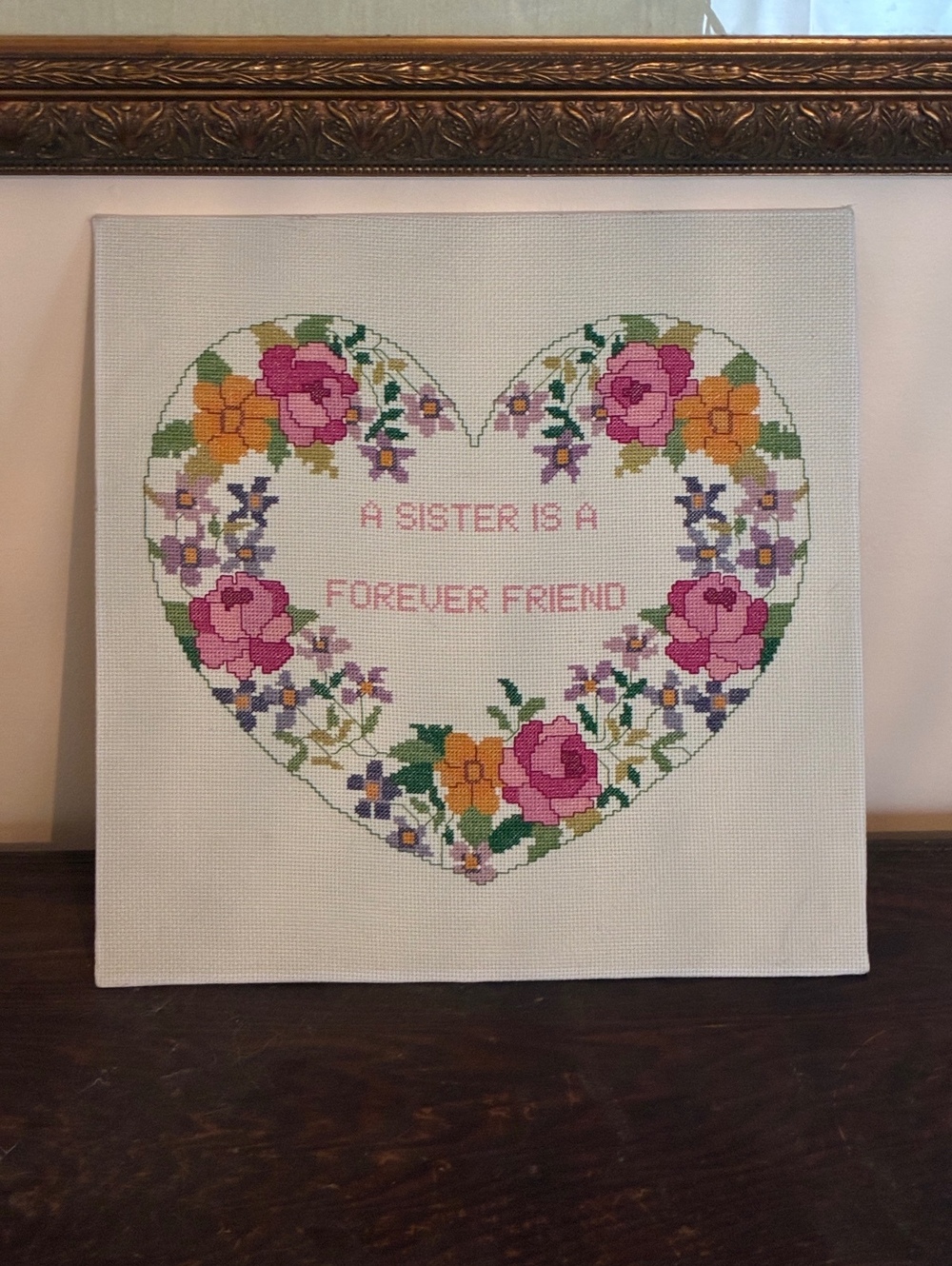 Handmade Cross Stitch Floral Heart 'A Sister Is A Forever Friend'